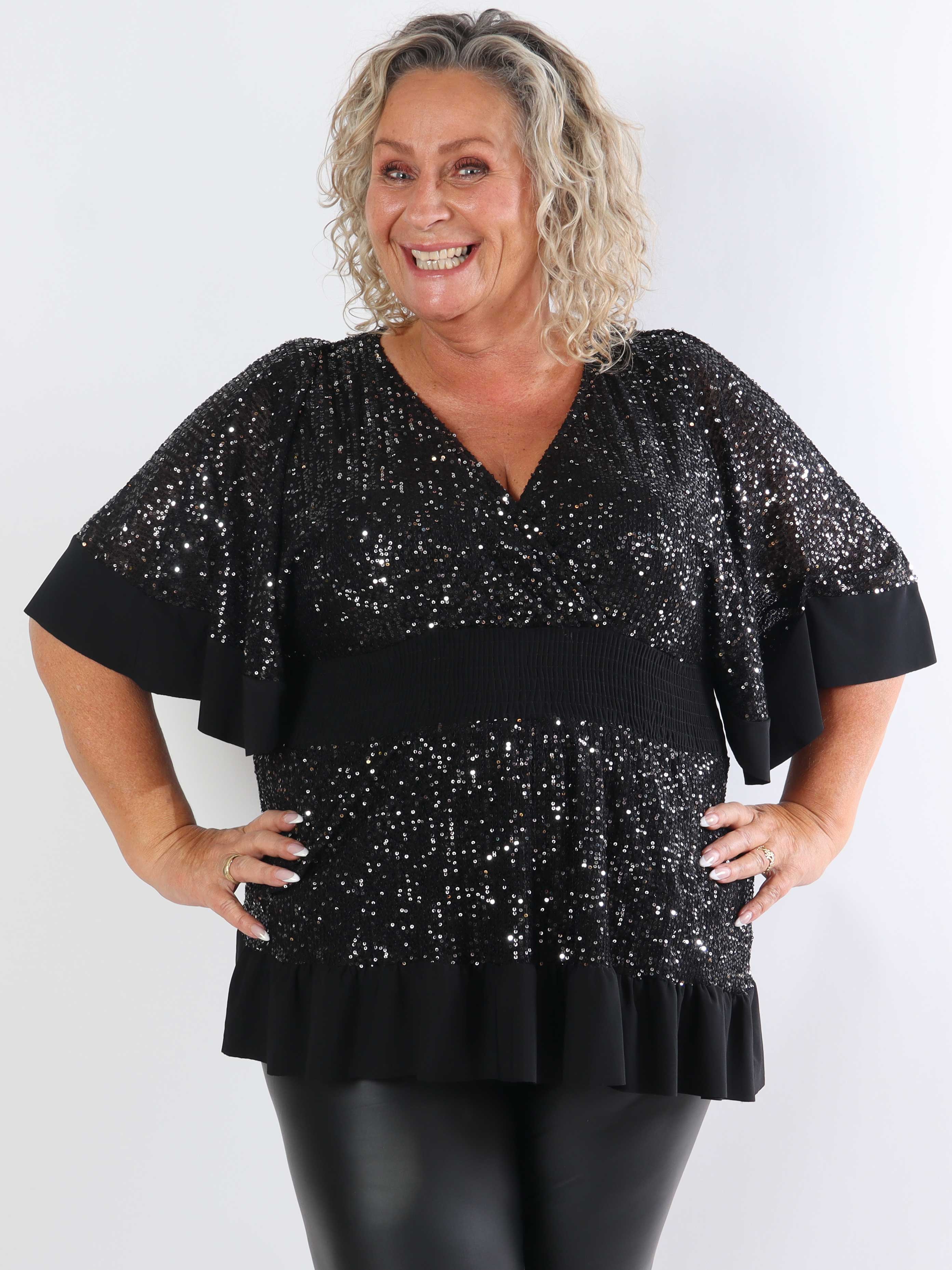 Pamela Glitter Shirt - Plus size paljett-tunika med smock och volanger